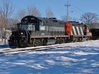 Leased CEMR GP9's 4012 and 4014 deliver a loaded gypsum train to Hantsport. 