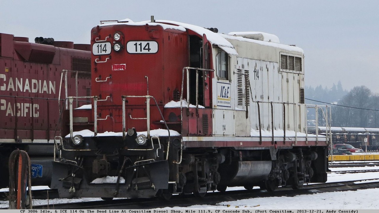 Iowa, Chicago & Eastern (IC&E), locomotive 114 (EMD GP9). One of many old GP's on the Dead Line at CP's Coquitlam Diesel Shop as part of the GP20C-ECO rebuild program. These old girls go to SRY in New Westminster for prepping, then onto ABC Metals to be scrapped. Select components are used in the manufacture of the new GP20C-ECO units.