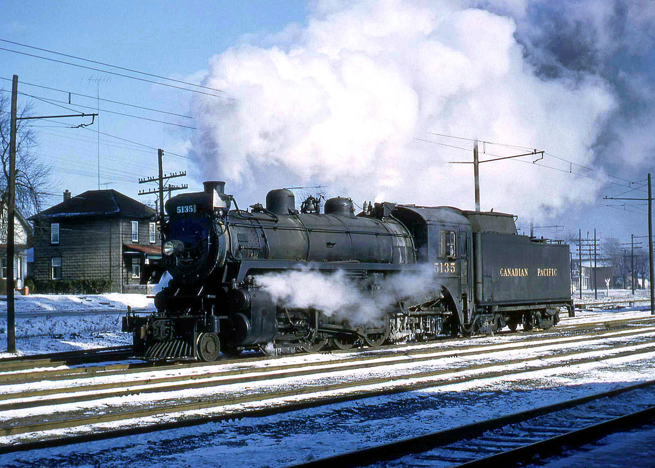 CPR P1-class Mikado (2-8-2) 5135 rests in Galt, in February of 1958. [Editor's note: notice the overhead catenary, for CPR-owned Grand River Railway's electric operations]