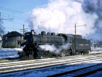 CPR P1-class Mikado (2-8-2) 5135 rests in Galt, in February of 1958. <i>[Editor's note: notice the overhead catenary, for CPR-owned Grand River Railway's electric operations]</i>