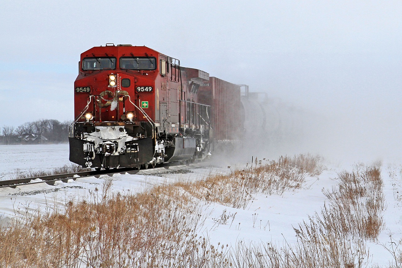 Working alone, CP 9549 with tank train 609 heads for the border at mile 98.8 on the CP's Windsor Sub.