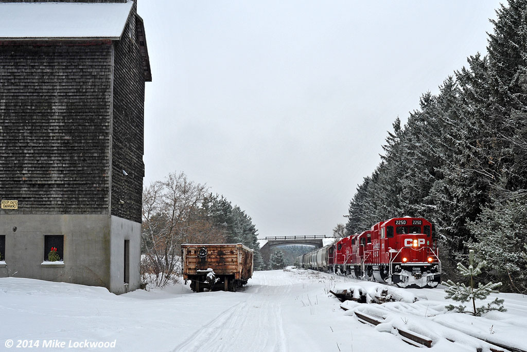 The former Good Grain Company elevator silently observes the passage of the Kawartha Lakes Railway's eastbound roadjob T08 behind CP 2250, 3105, 2254, and 8209 with 30 cars (29 of which are for Unimin). The 8209 will be setout at Peterborough for a stint as the Peterborough Switcher, replacing the 8206. 1242hrs.

Not evident in the photo, work to restore the elevator has seen both the west and south sides refaced with new shingles, and the awning on the south side replaced after being absent for a few years. With luck, the annex on the west side will be rebuilt some day, as all that remains are the crumbling foundations.

 The gondola, SOO 63859, likely in OCS service, rests on the remnants of the siding that served the elevator, sitting almost exactly where boxcars of grain were once loaded. This is the furthest east I've seen them shove a car on the now stub ended siding, used more for parking MofW equipment and once, at least that I've seen in the past six years, eight loads from Unimin setout for reasons unknown (possibly reducing tonnage due to power problems). The siding switch is just out of sight around the bend behind the train.