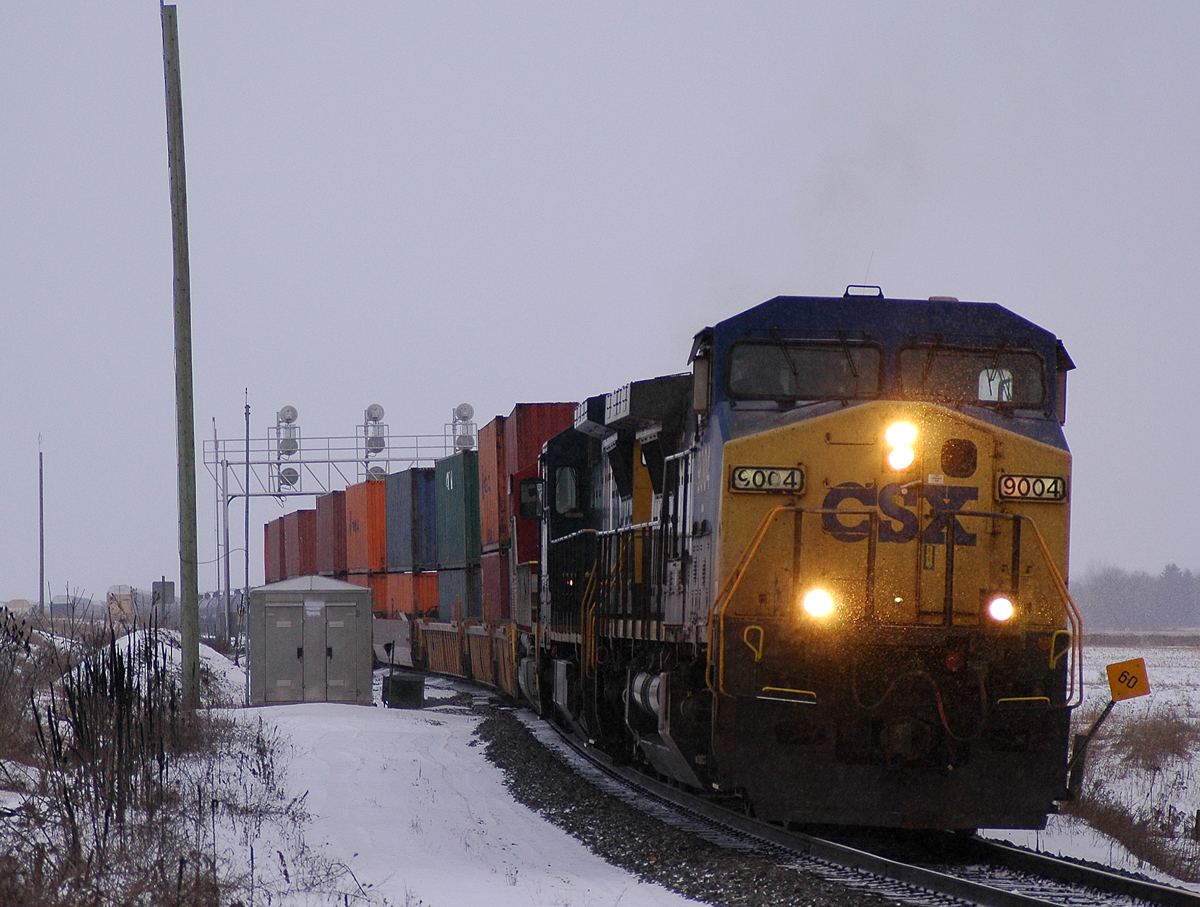 CP 641 work to set out 17 Intermodal cars at Wolverton on the first day of 2014. Power is CSXT 9004 - CSXT 7606 - BNSF 8290