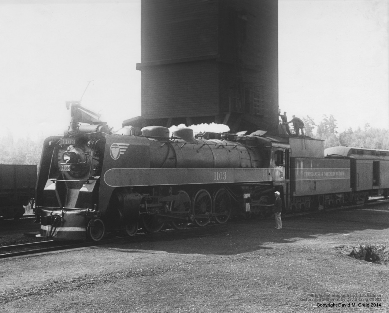 four engines, 1100-1103, were lightweight as 4-8-4s go, built by CLC in 1936-37. They powered the railway's Northland passenger train between North Bay and Cochrane, Ontario. None survived.
This photograph was is poor condition when originally restored the old fashioned way in the darkroom back in the '70s. Latest restoration is done digitally with photoshop. Hope you like it. 
High quality Giclee prints available by contacting me at Historypix@cogeco.ca