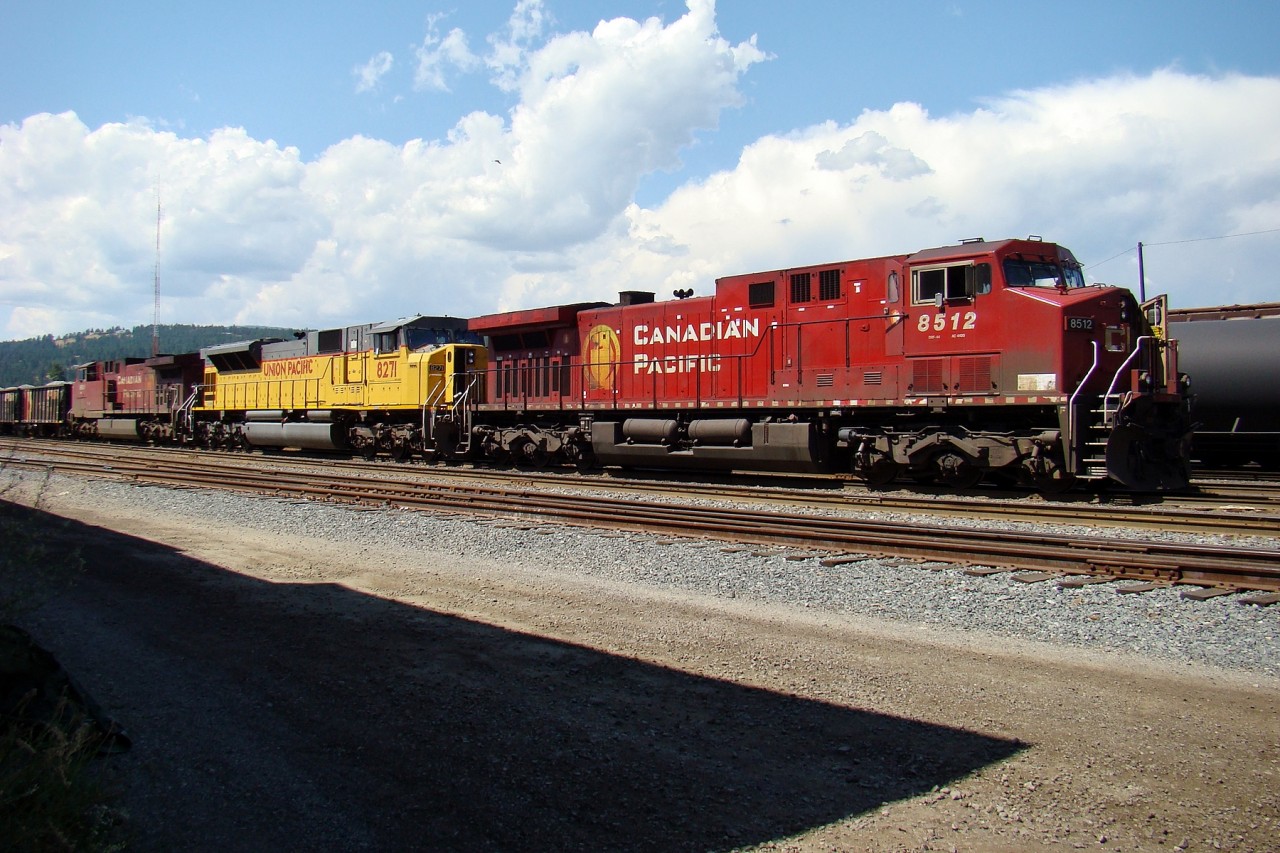 CP AC4400CW 8512, UP SD9043MAC 8271 and CP AC4400CW 8601 parked at the east end of Cranbrook Yard.