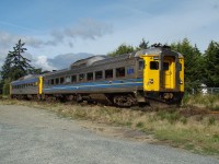 After completing their station stop in Langford, VIA RDC-1s 6133 and 6135 continue their northbound journey to Courtenay.