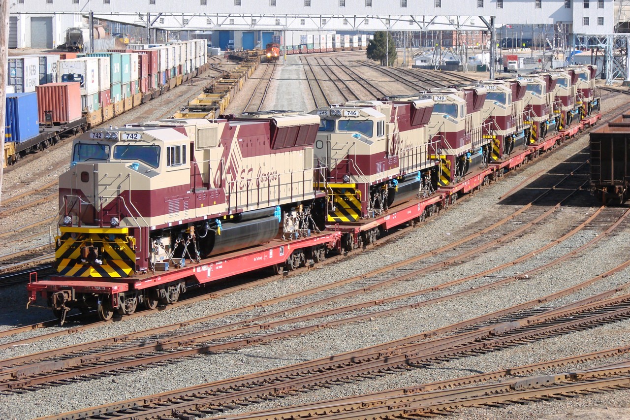 Broad Guage SD70M for EFC - Estrada de Ferro Carajás wait to be loaded for shipment to Brazil at CN's Ocean Terminal yard.