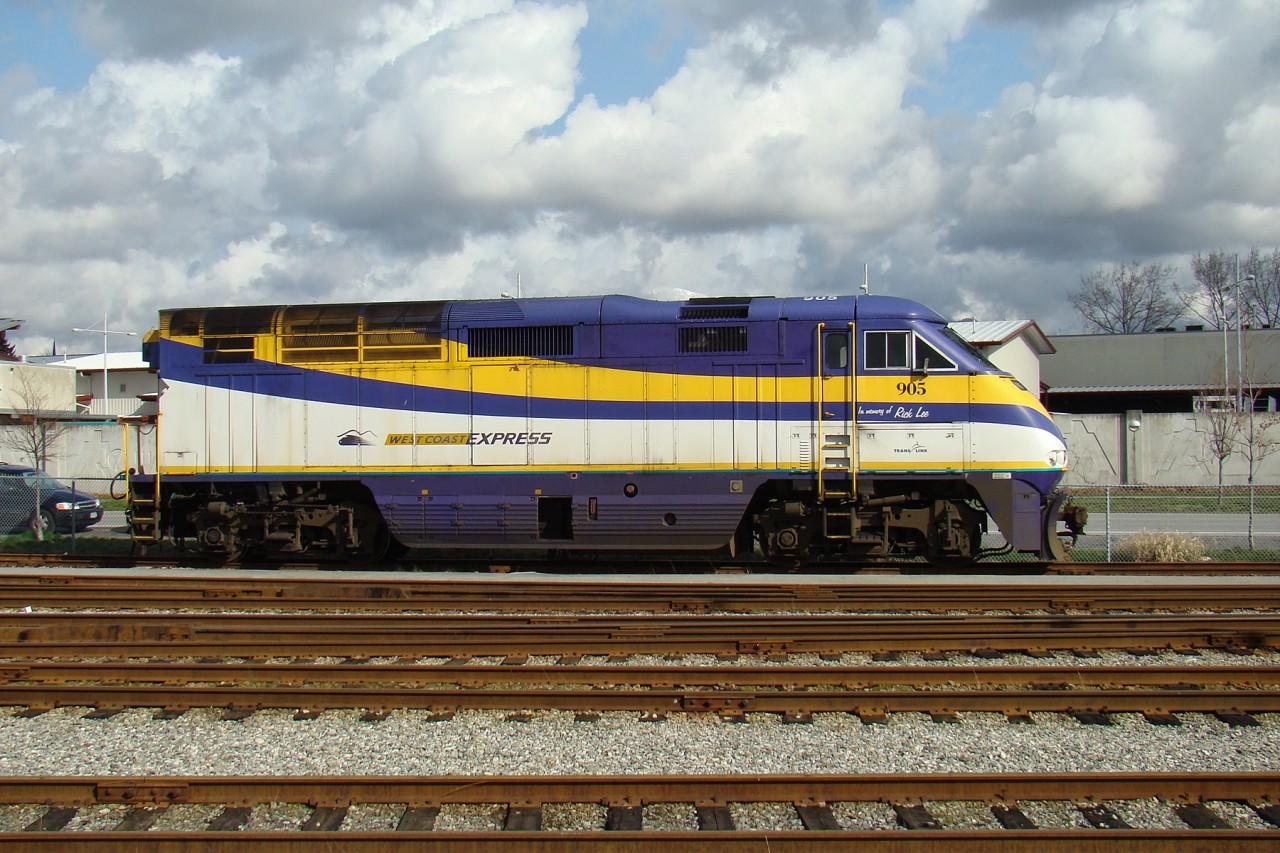 West Coast Express EMD F59PHI 905 parked at VIA's Vancouver Maintenance Center.