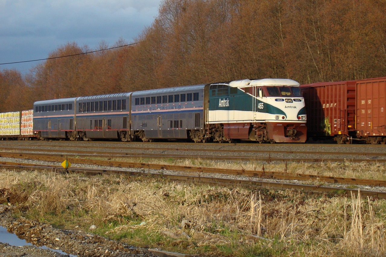 Amtrak Cascades train #517, with substitute Superliner equipment, approaches the south signal at Brownsville.
