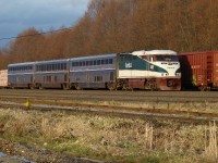 Amtrak Cascades train #517, with substitute Superliner equipment, approaches the south signal at Brownsville.