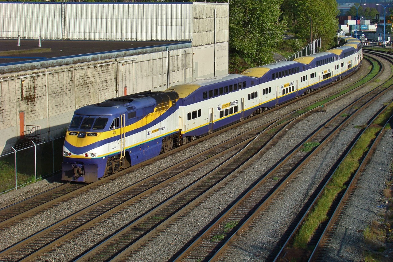 WCE train 15 approaches its final stop of the morning as it passes the yard lead for Saskatchewan Wheat Pool's Cascadia Grain Terminal.