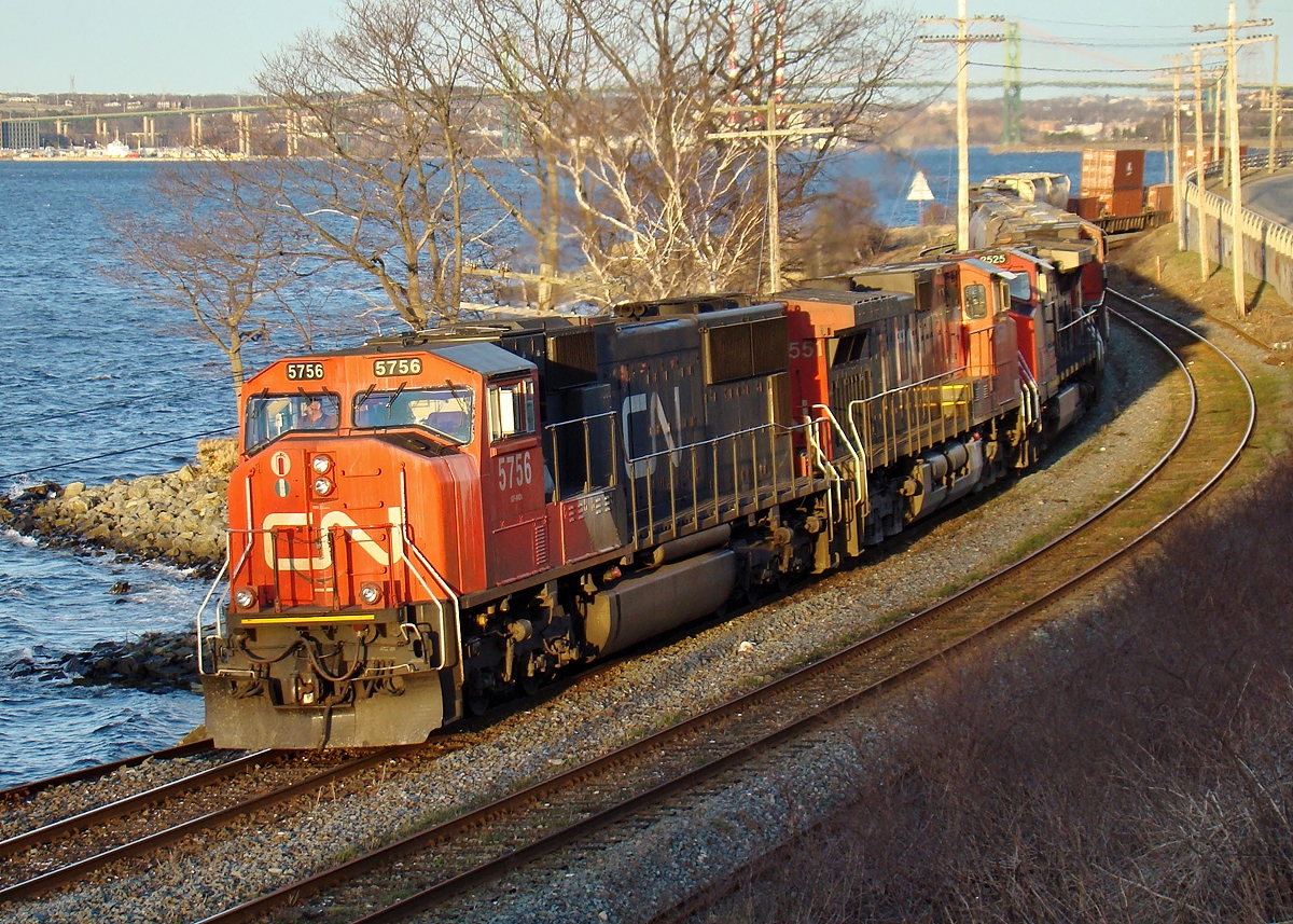 CN 5756, C44-9W 2551, C44-9W 2525, and a third C44-9W prepare to depart Rockingham Yard with Toronto bound CN 121.
