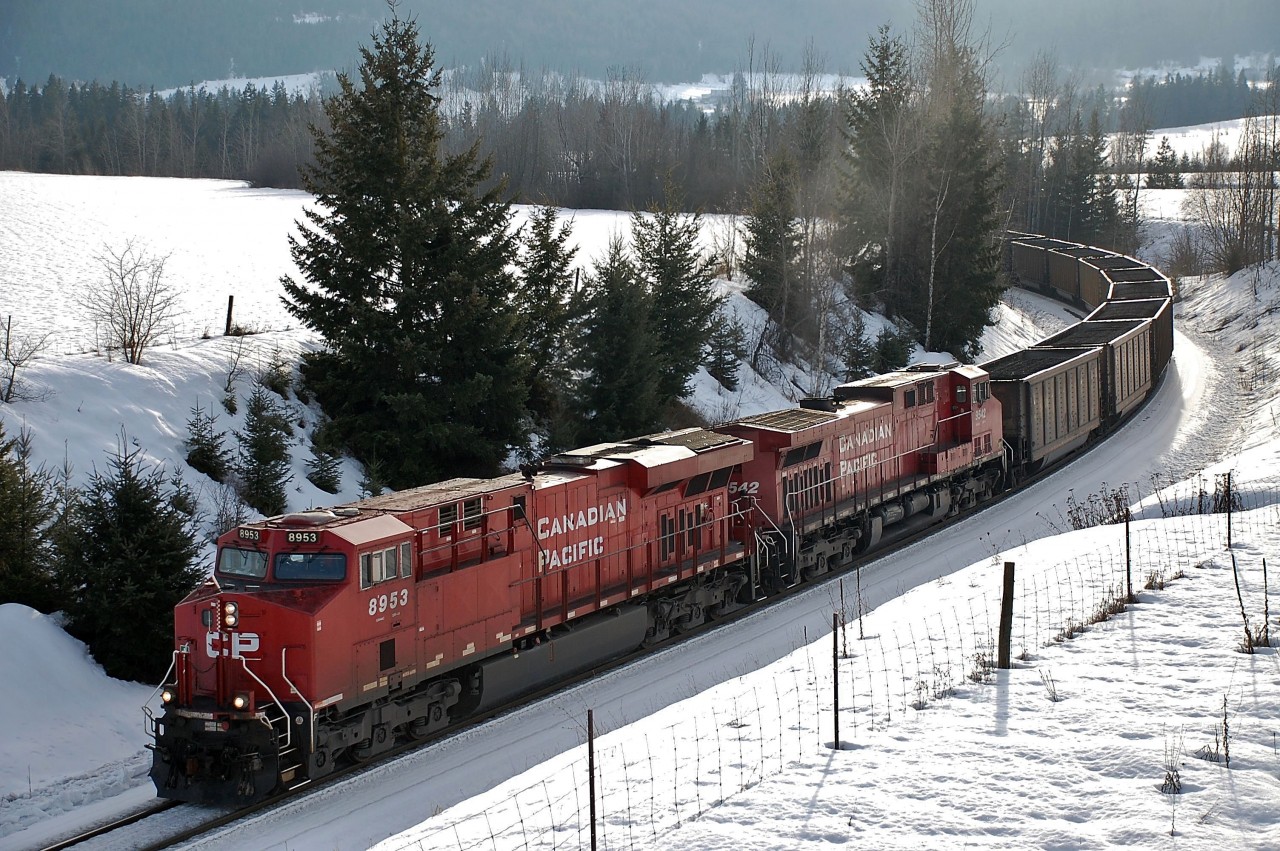 CP nos.8953&9542 bring a westbound coal train around the curve and on to the start of the Notch Hill loop in the Shuswap.