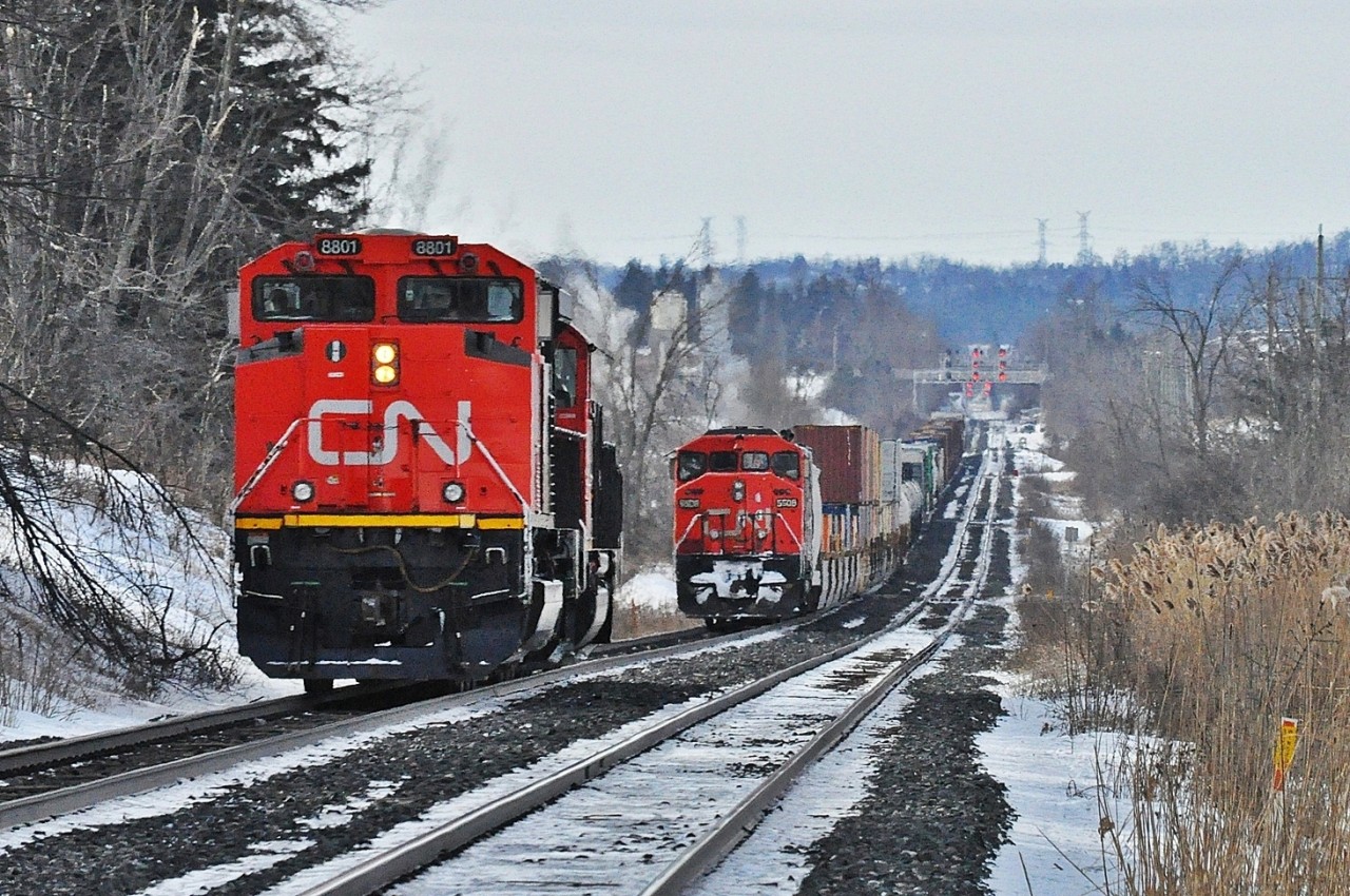 CN 8801 and CN5432 arrive to rescue CN5508, stopped eastbound between the Credit River and Winston Churchill Boulevard.