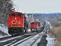 CN 8801 and CN5432 arrive to rescue CN5508, stopped eastbound between the Credit River and Winston Churchill Boulevard.