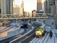 GOT 559 pushes a train eastward towards Union Station, pulling is another F59PH (GOT 562). GO Transit only has 8 F59PH's still in use. For more train photos, check out http://www.flickr.com/photos/mtlwestrailfan/ 