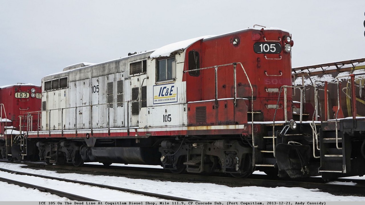 Iowa, Chicago & Eastern (IC&E), locomotive 105 (EMD GP9). One of many old GP's on the Dead Line at CP's Coquitlam Diesel Shop as part of the GP20C-ECO rebuild program. These old girls go to SRY in New Westminster for prepping, then onto ABC Metals to be scrapped. Select components are used in the manufacture of the new GP20C-ECO units.