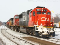 On the last day of January, CN 396 rolls through Brantford with a 6 unit consist of CN 5411, CN 2523, UP 8424, CN 2681, CN 2140 and CN 8964.  The past two days 396 has had 6 units on it and foreign power.  396 on the 30th had UP 6434 and NS 8432 trailing.  It is great to see the return of foreign power on CN!