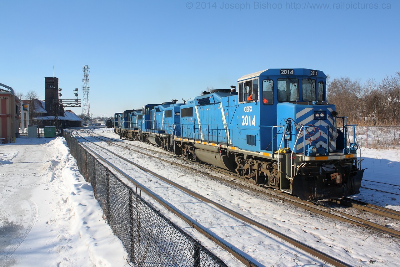 A very late SOR 597 is seen pulling there first cut of cars out of the yard in Brantford with all four CEFX GP20D's that are currently on lease to the railroad.  It was a real treat to be able to see the SOR in daylight in Brantford and made for one of my first catches of 2014!  Here's to a great year!