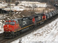 CN 331 rounds the bend at Garden Avenue on the outskirts of Brantford with CN 2691 and CN 5746 in charge of a small train.  