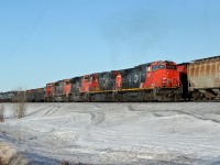 Heading east out of Edmonton meeting a westbound on the double track at Ardrossan.  Lots of power on this one. DASH 9-44CW's #2507 and 2587 followed by SD 70M-2 #8837 and SD 75I #5744 and bringing up the rear GMD1 #1440, probably on its way to Winnipeg or Toronto for disposal.
