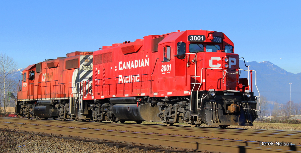 CP 3001 and 3029 switch the Vancouver Intermodle terminal. I last saw 3001 a year ago at this same location, but then it still had its classic CP rail paint scheme. 3029 is an unusual visitor but with many of the Vancouver based GP38ACs being rebuilt other units have had to fill their place.