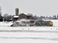 Ontario Southland Railway Battling the Canadian Winter with a CPR Wedgeplow (Ex Soo)GP7 and a (ex Via)FP9u