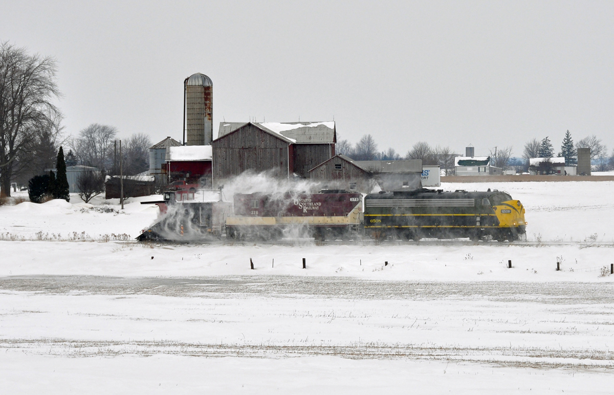 Ontario Southland Railway Battling the Canadian Winter with a CPR Wedgeplow (Ex Soo)GP7 and a (ex Via)FP9u
