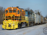 GEXR 3393 (ex GSCX 7362) - the newest locomotive in the G&W Livery leads sister GSCX 7369 on Train 431 at Guelph. Won't be long before 7369 gets a paint job. Of note: Entire train consisted of CPR cars for Goderich.