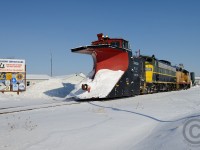<b>Young Whippersappers</b> lead an OSR Plow Extra - passing through Belmont Ontario.  Eastbound for Ingersoll and Salford, the motive power on this train may be first generation, but the plow has 20 years on those youngins..