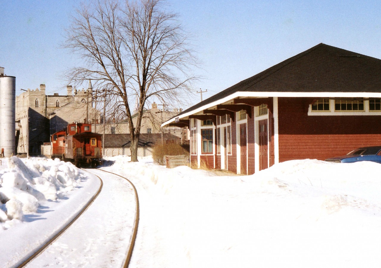 Back in the earlier days of my seeking out stations before they were demolished, I often found at the end of the subdivisions a switcher and caboose based there. Made sense.  Work up and down the line and deliver cars to the nearest mainline interchange. In the case of St. Marys, perhaps to Zorra for CP traffic. This beautiful old station was last I heard the office of a local plumbing/electricians company. It is certainly a marvel that it was preserved. By 1979 I found no longer was a switcher maintained there, but rather dispatched from Woodstock. And after that, service was from a London local. The St. Marys sub is gone now, it is but a short spur off the Galt sub at Zorra, servicing the LaFarge area cement plant. My notes do not include the number of the supposed 8100 series switcher pictured.