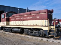 Resting at Salford is a marvel of a locomotive, an old relic from the TH&B railway. In preserving the heritage of this unit, president Jeff has refrained from repainting the unit, instead adding minuscule OSR sublettering under the cab. Check out the tiny numberboards built into the headlight on  the long hood!