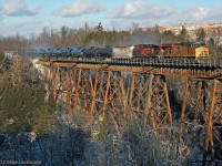 Union Pacific 5296 leads Canadian Pacific 9801 and the 118 cars of 609's train over the Cherrywood trestle. 1533hrs.