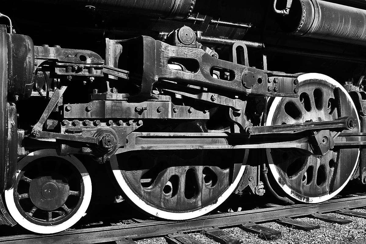 The intricate exterior of a 4-8-4's powertrain.