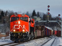 After meeting 5 westbounds (Q112, M302, U724, A412 and M310) on the double track between Carvel and Wabamun, Gary (Kirk Yard), IN - Prince George, BC train M34791 14 gets back on the move behind a pair of brand new CN ES44ACs, 2836 and 2848.