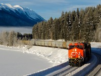 CN ES44AC 2862 has B758's potash empties at track speed (45mph), cruising around the half frozen/half steaming shores of Moose Lake on CN's Albreda Sub.