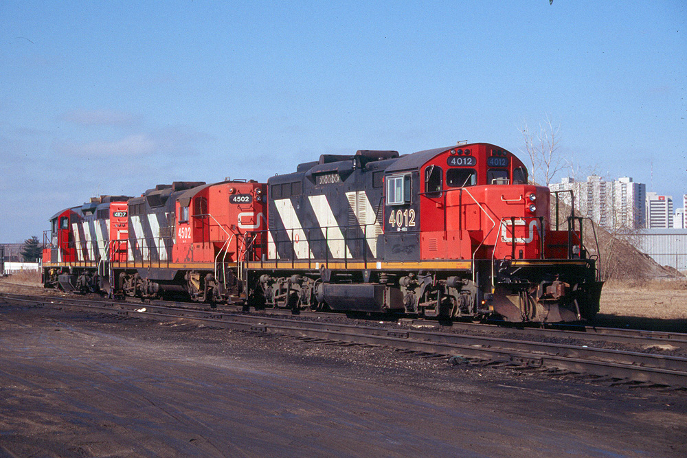 During a visit to London, Ontario, I found this trio of CN Geeps idling away, waiting to go to work.