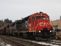WC 3027, along with IC 3140 & CN 9551, sit at CN's Vernon Office before their journey toward Kamloops.<br><br>More photos at <url>http://www.flickr.com/photos/okanaganrailfan</url>