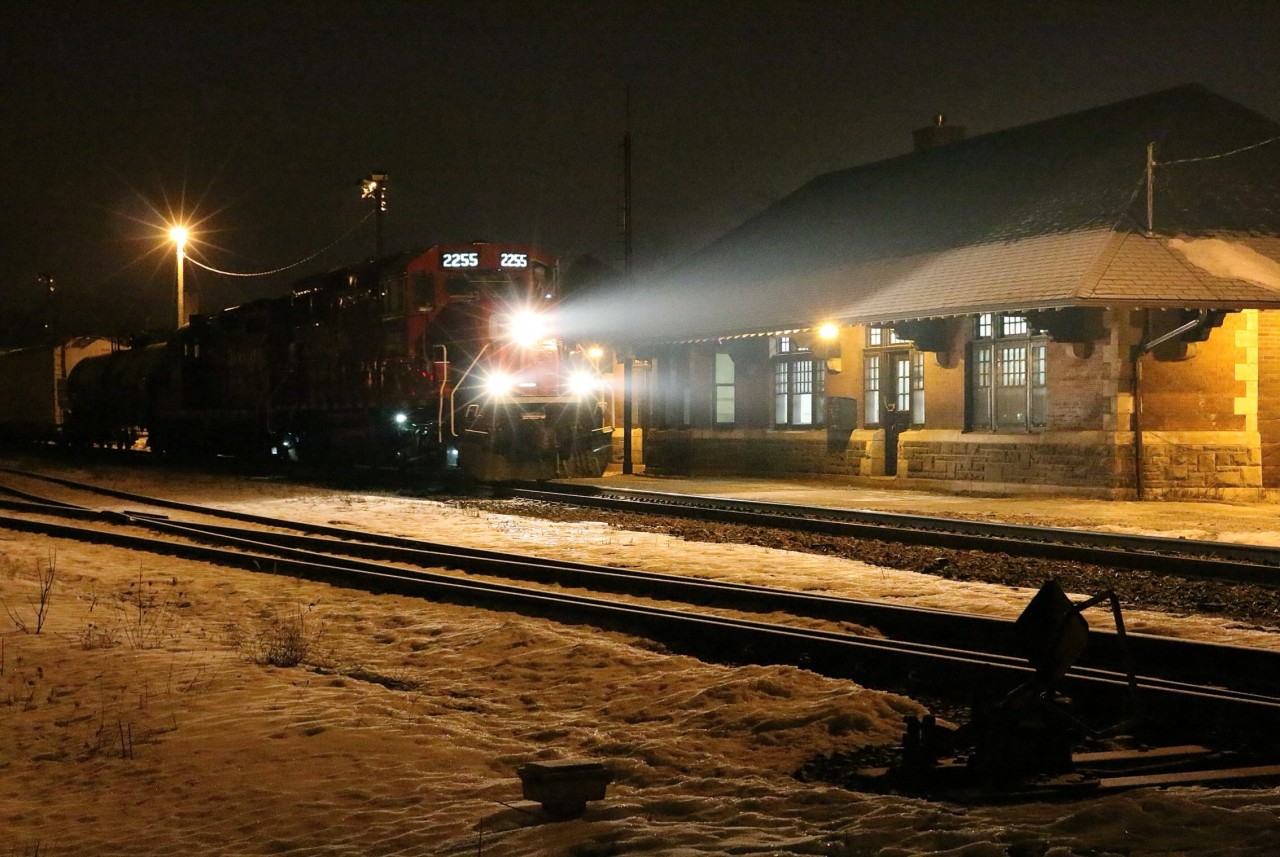 Brand new CP 2255 passes the old Galt station still looking well for its age, as the train prepares to work the yard. Not too sure what the train was at this time of night (24:00) but may have been the "Ham Turn"