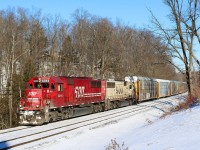 In 2014 it is hard enough to find one SOO Line painted unit in a lash up but finding two is quite rare. Over the past few years CP has been busy shipping SOOs SD60s off to CAD Rail in Quebec for overhauls and repainting. With only a handful left to do in 2013 the program was haulted and the SD60s were stored and put up for sale. It seems there has been a change of heart and most are now active again including a few that were never rebuilt. CP train 147 if seen rolling through Campbellville with solid SOO power on a sunny but bitterly cold January day.