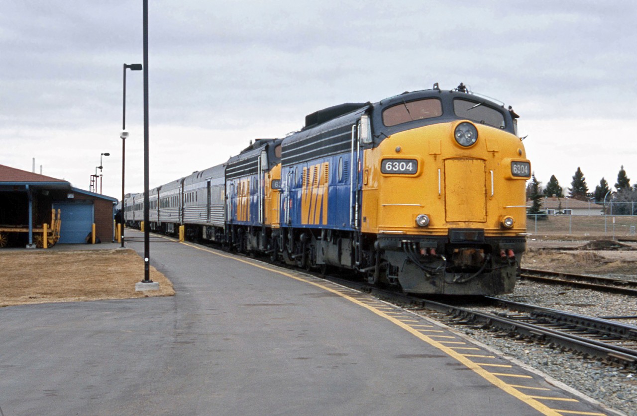VIA FP9A units # 6304 and 6302 prepare to depart from Edmonton's VIA Station with a charter train to Hay River in the North West Territories.