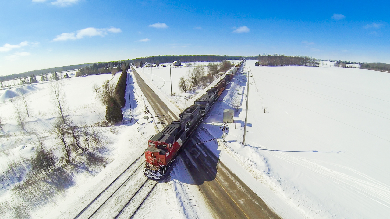 CN 384 CN 8919 NS 9187 East over Oxbow Dr CN Strathroy Sub MP 10.5 this afternoon.