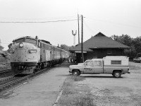 On a hot hazy Muskoka afternoon ex CN FP9 #6502 leads Via Rail #9 into CP Rail Parry Sound – with revenue passengers waiting to entrain.
<br>
<br>
July 13 1985 Negative by S. Danko
<br>
<br>
More Via Canadian 
<br>
<br>
<a href="http://www.railpictures.ca/?attachment_id=8405"> CN Boyne </a> 
<br>
<br>
<a href="http://www.railpictures.ca/?attachment_id=8404">  Park car  </a> 
<br>
<br>
More Parry Sound:
<br>
<br>
<a href="http://www.railpictures.ca/?attachment_id=13619">  Parry Sound by A.W.Mooney  </a> 
<br>
<br>
sdfourty
