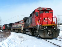 CN 451 power tied up on the wye track in North Bay, ON. Unit #'s CN #2134 BCOL #4605 CN #5413