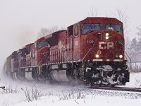 A pair of reactivated MAC's and a GE scream north through Snow Valley as they approach Midhurst. Thanks for the heads up, Roland.