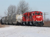These candy apple red GP20C-ECO's (ex GP9u's) show off their brand new shape as they lead T29 back to Windsor after working Kent Bridge - Mile 48 on the Windsor Sub.