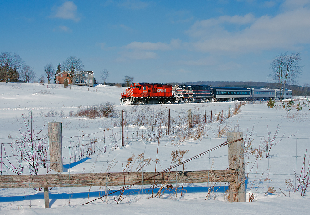 On lease to the Orangeville Brampton Railway, CP 8249 leads the Credit Valley Explorer along the former CP Owen Sound Subdivision. This shot would be one of the rarest due to the GP9u retirements, who knows how long the 8249 has but certainly this was something worth chasing.