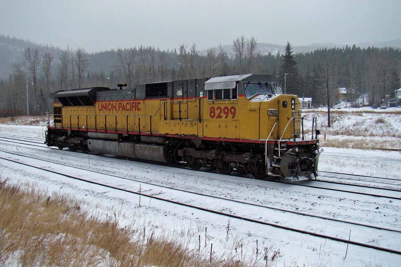 UP 8299 is about to cross the Alberta/British Columbia border as it heads into Crowsnest Yard.