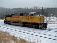 UP 8299 is about to cross the Alberta/British Columbia border as it heads into Crowsnest Yard.