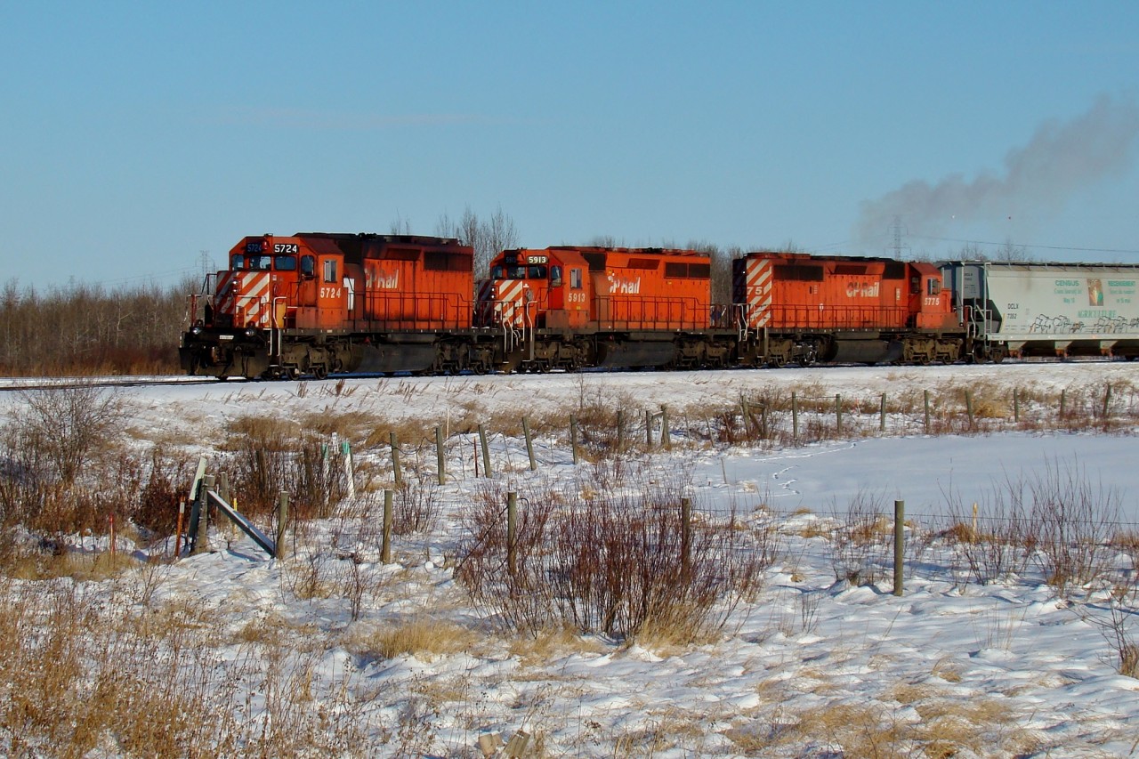 SD40-2s 5724, 5913, and 5775 switch the west end of Scotford Yard.